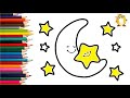 How to draw a moon and stars. Coloring page/Drawing and painting for kids. Learn colors.