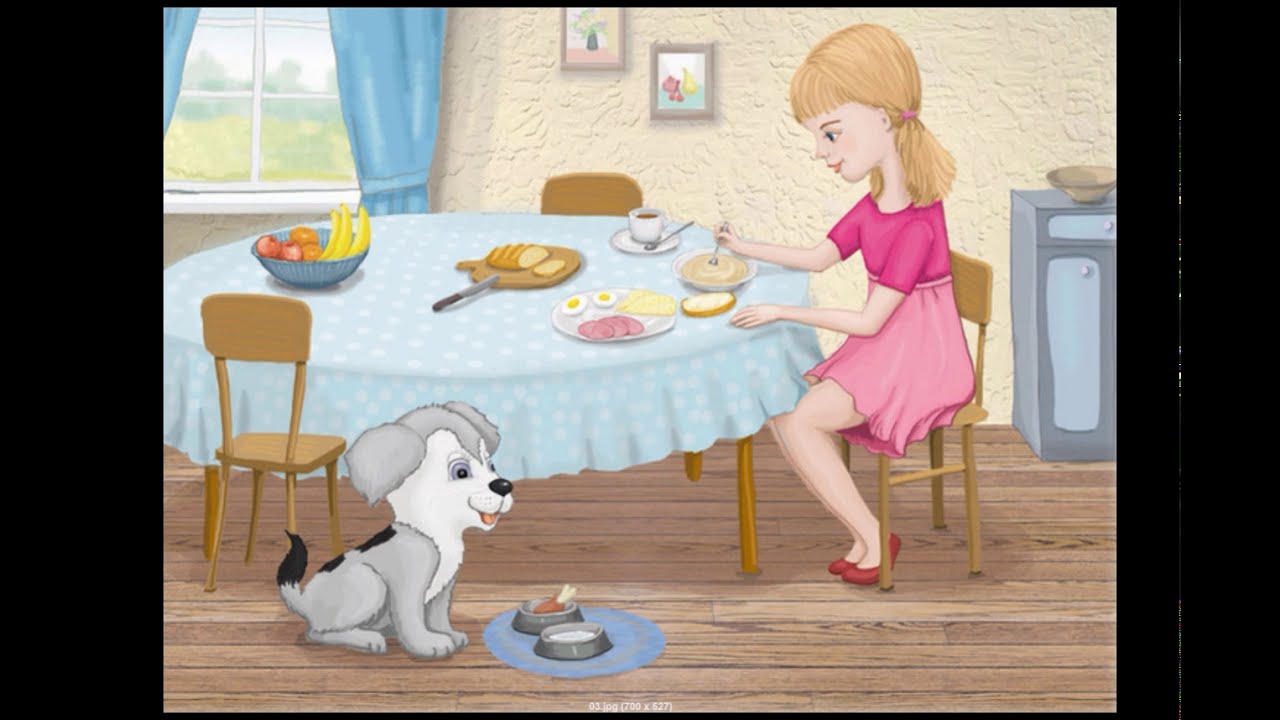 Сяду за обед. Сюжетная картина на кухне. Девочка за столом. Иллюстрация дети завтракают. Сюжетные картинки.