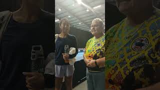 Elaine Shallcross BEM talking to Joyce Lau from Hong Kong. English Open Pickleball 2023.