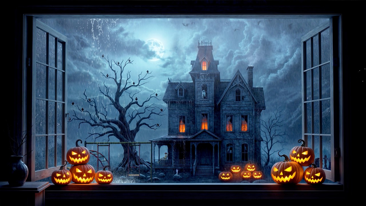 Halloween Window View 🎃 | Haunted House Ambience, Rain