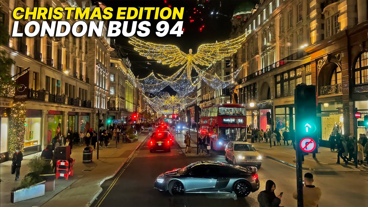 London Christmas lights from a doubledecker bus passing Regents Street