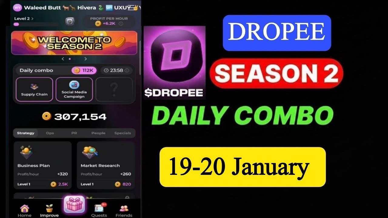 Dropee Season 2 Daily Combo 19-20 January | Dropee Daily Combo Today | Today Dropee Combo Card
