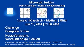 Sudoku Daily Challenges | Classic – Medium | Jun 1st, 2024