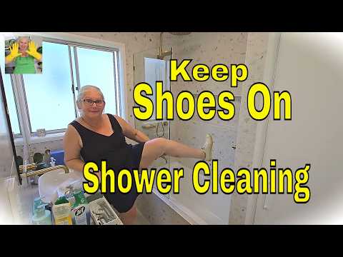 Zen & The Art of Keeping Shoes On to Thoroughly Clean a Shower #showercleaning #groutcleaning thumbnail