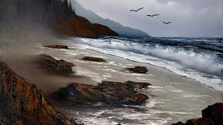 Oregon Coast Seascape with Rocks #LIVEArt #OilPainting #FreeTutorial #PaintWithJosh #BobRoss