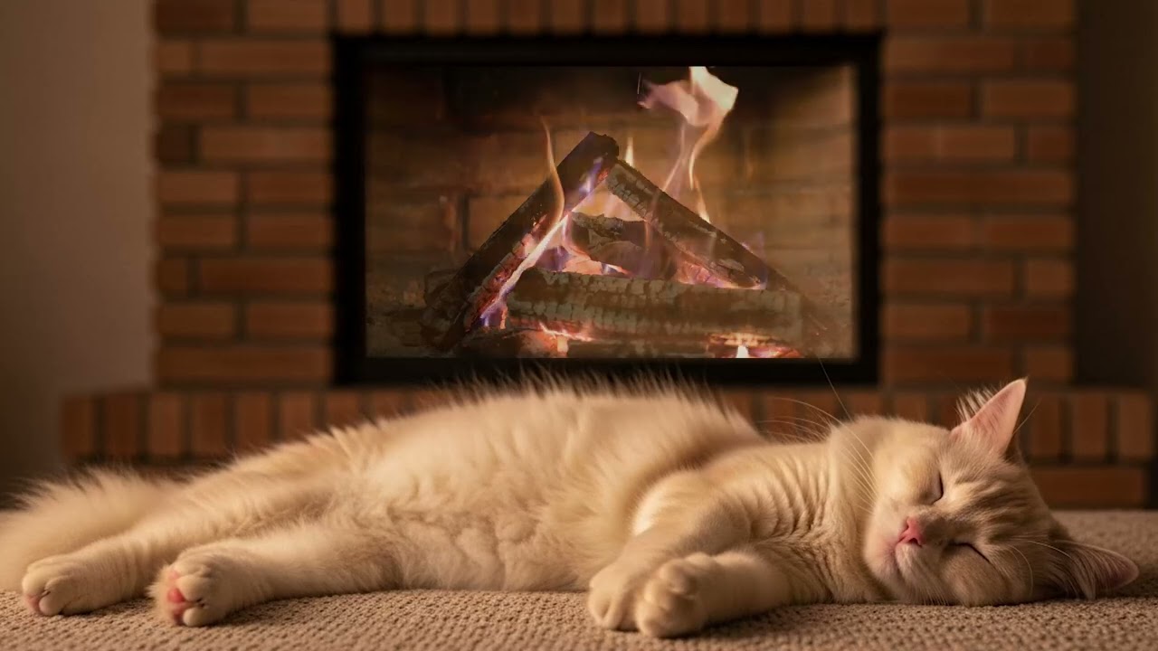 Soft Piano & Fire Ambience 🌧️ Cozy Room | Sleepy Cat 🐱 Calm Vibes | Fall Asleep Fast | Relaxation