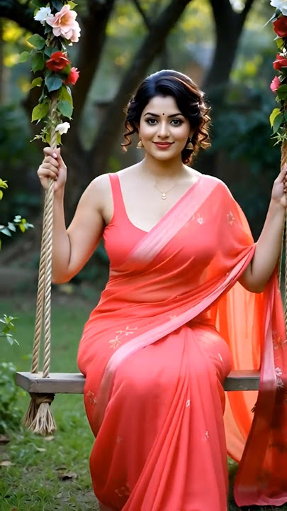 Serene Beauty on the Swing ✨🌸 Coral Saree Elegance #rayai #sareelove  #sareedraping #saree