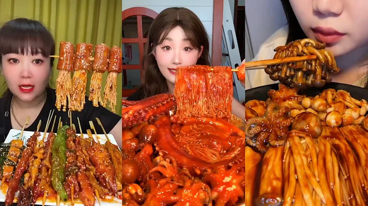 Asmr Eating Enoki Mushroom With Noodles Garlic Meatballs Flavor 🌶️ Spicy Yummy ASMR Mukbang