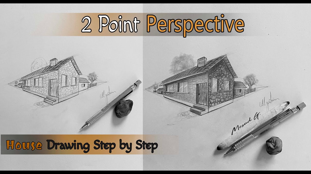 2 Point Perspective Drawing House Very Easy - 2 Nokta Perspektif Kolay Ev Cizimi