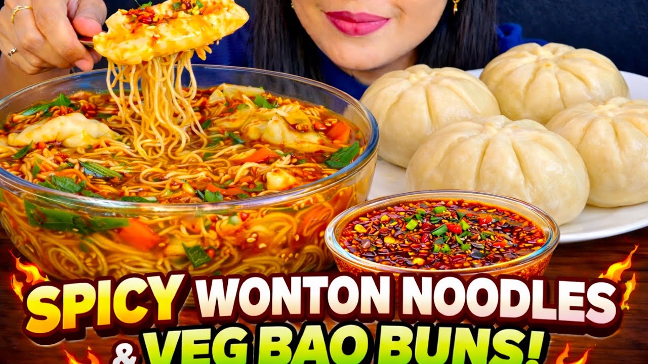 VEG BAO BUN WITH CHILLI GARLIC DIP 🥵 WONTON NOODLES SOUP | STREET FOOD CHALLENGE | MUKBANG ASMR
