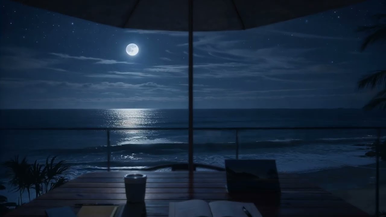 Table View Over the Ocean at Midnight 🌊 Soft Night Waves Lofi