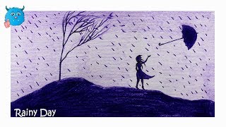 How to Draw a Scenery of Rainy Day Pencil Drawing Easy in Color YouTube
