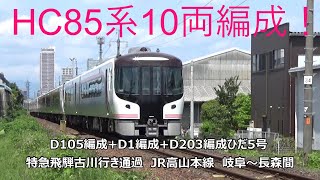 HC85系10両編成！D105編成+D1編成+D203編成ひだ5号特急飛騨古川行き通過　JR高山本線　岐阜～長森間