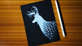 How to Draw a Simple Fantasy Deer Drawing on Black Paper with White Pencil