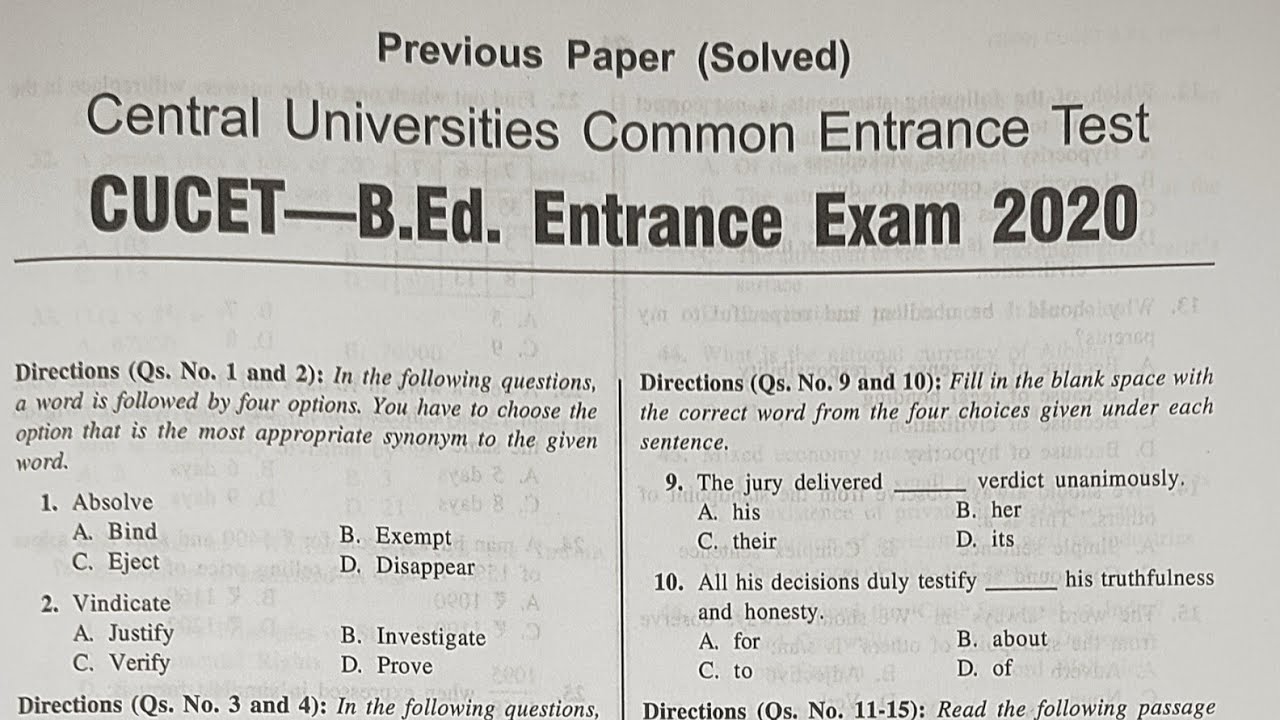 CUCET PGQP01 ENTRANCE Exam 2020 Question paper With answers//4k Images