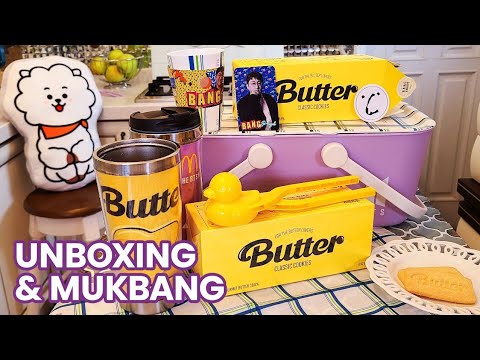 UNBOXING BTS Butter cookies - mukbang with RJ, making DTS,  방탄소년단 버터 쿠키 언박싱과 먹방 리뷰