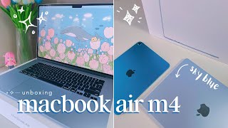 MacBook Air M4 aesthetic unboxing sky blue  ☁️ 🩵 🫧 + quick setup, impressions, ipad comparison ⋆˚꩜。