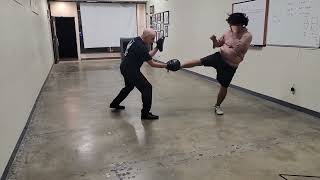 Pendulum hook kick to cross hook combination.