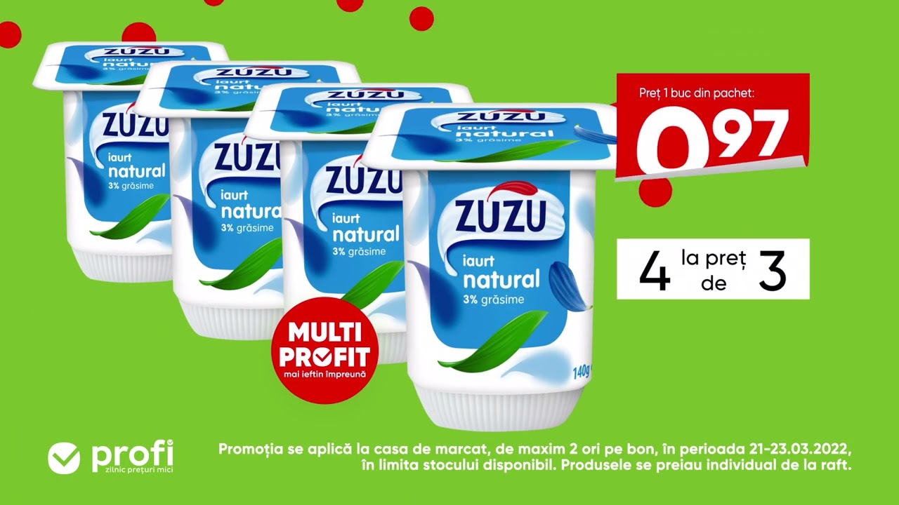 La Profi, bucură-te de MultiProfit. Acum găsești Iaur natural Zuzu 3% grăsime 140g, 4 la preț de 3.