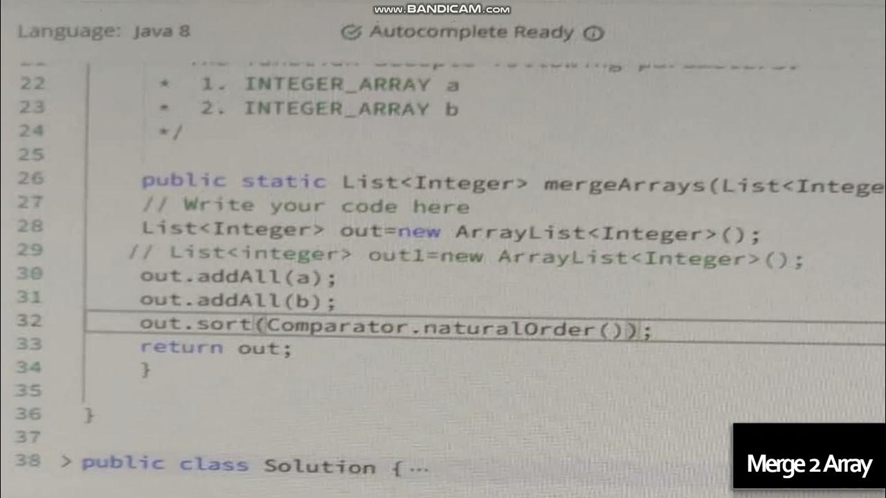Merge 2 Arrays HackerRank Code in Java. - YouTube image.