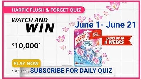 Amazon Harpic Flush and Forget Quiz Answers today, Win 10000, win Amazon pay balance, Quiz on May 31