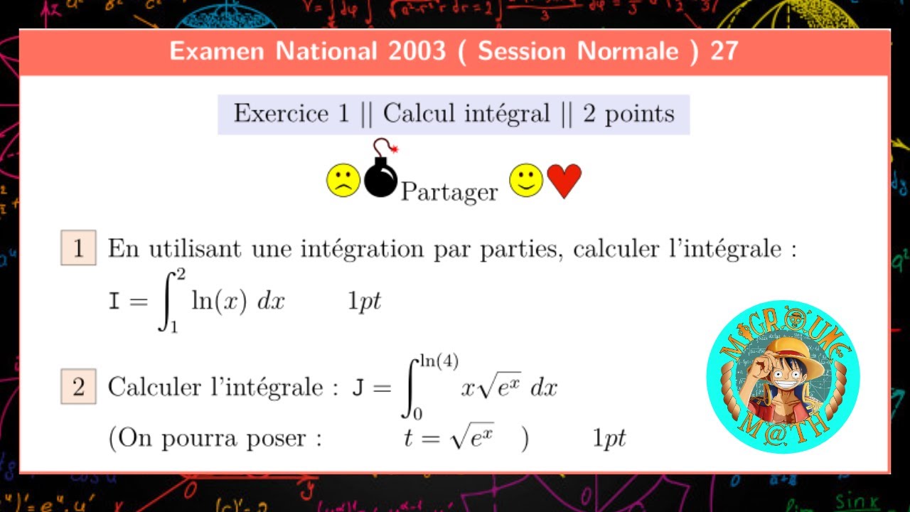 Examen National 2003 — Session Normale — Exercice 1 — Calcul intégral — 2BAC PC/SVT