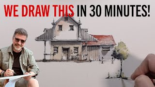 Watercolour drawing a farmers house in 30 minutes