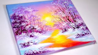 Winter Painting | Sunset Painting | Winter Sunset By the River Acrylic Painting