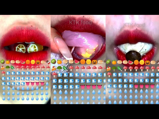 ASMR🎧10 minutes lots of emoji food eating🍉🍫🍄🧊💧👅 [cre:@closerfood] class=