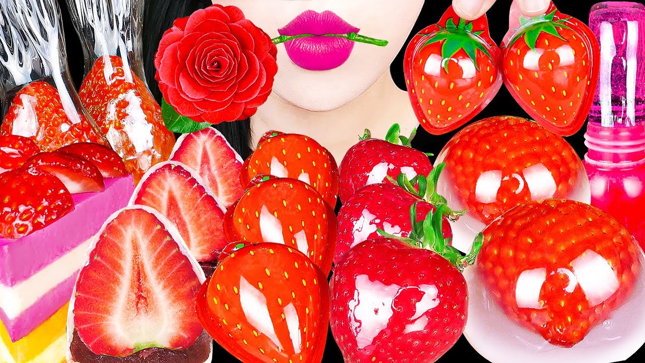ASMR STRAWBERRY TANGHULU, RED FLOWER, RAINDROP RICE CAKE 딸기탕후루 먹는 꽃 물방울젤리 찹쌀떡 구미 디저트 먹방 RED MUKBANG