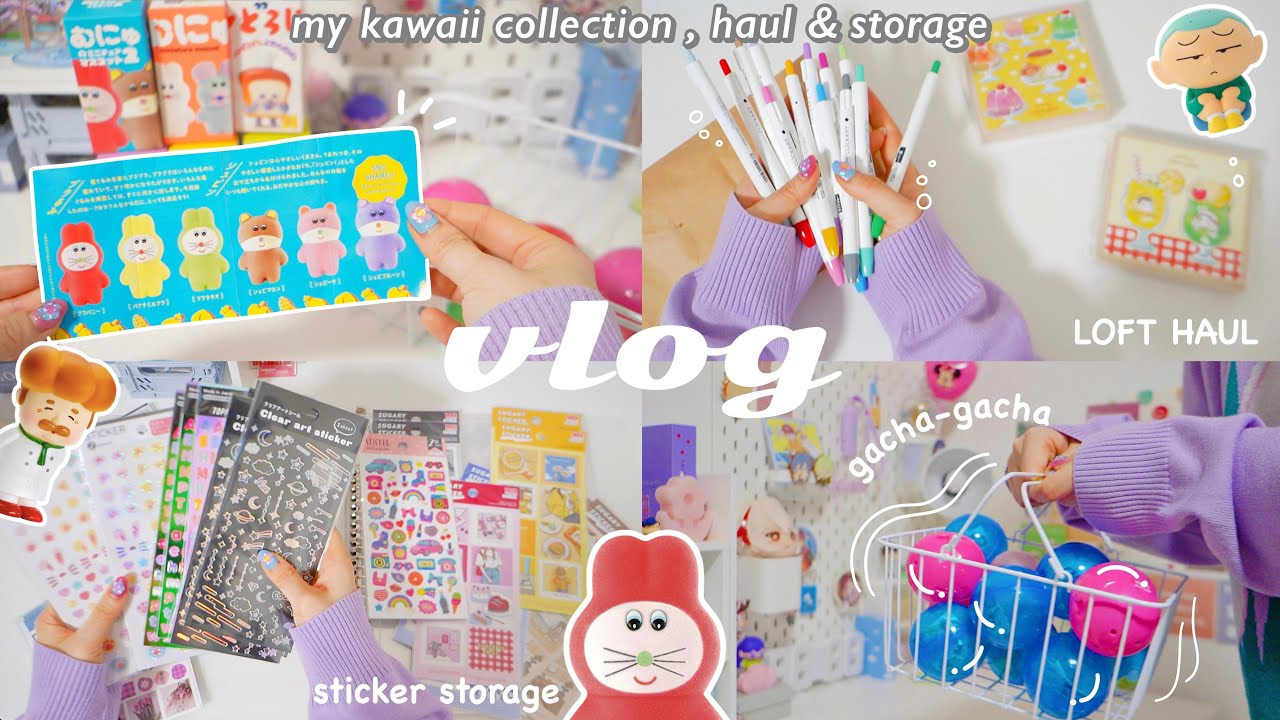 VLOG/まったり夜時間のひとコマ⋆⸜☾‎🐑かわいいガチャガチャと文房具購入品,ステッカー収納📂cozy night time & unboxing kawaii collection...♡