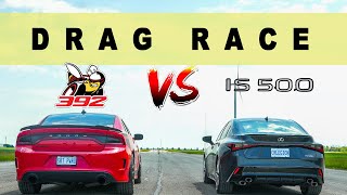 2022 Lexus IS500 vs Dodge Charger 392, last V8 sedans battle. Drag and Roll Race.