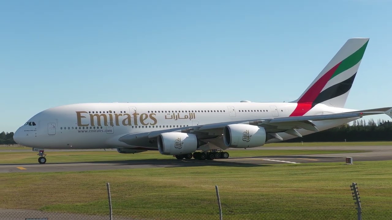Emirates A380 landing at Christchurch on a fine day EK412