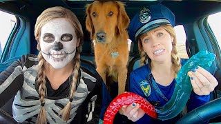 Skeleton Surprises Police & puppy with car ride chase