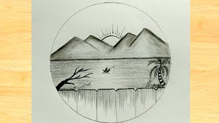 Pencil drawing in a circle scenery, landscape pahar and river scenery drawing,circle easy drawing