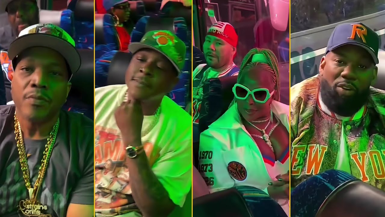 "Hip-Hop Legends Unite: Ja Rule and Stars Hit Knicks Bus" — Iconic artists gather to celebrate the championship run.