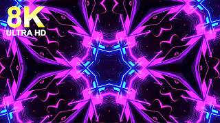 8K Futuristic Neon Cyberpunk Kaleidoscope Background with Glowing Purple and Blue Geometric Patterns