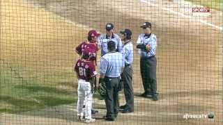Nexen's manager Kim Si-jin pushes an ump and gets tossed