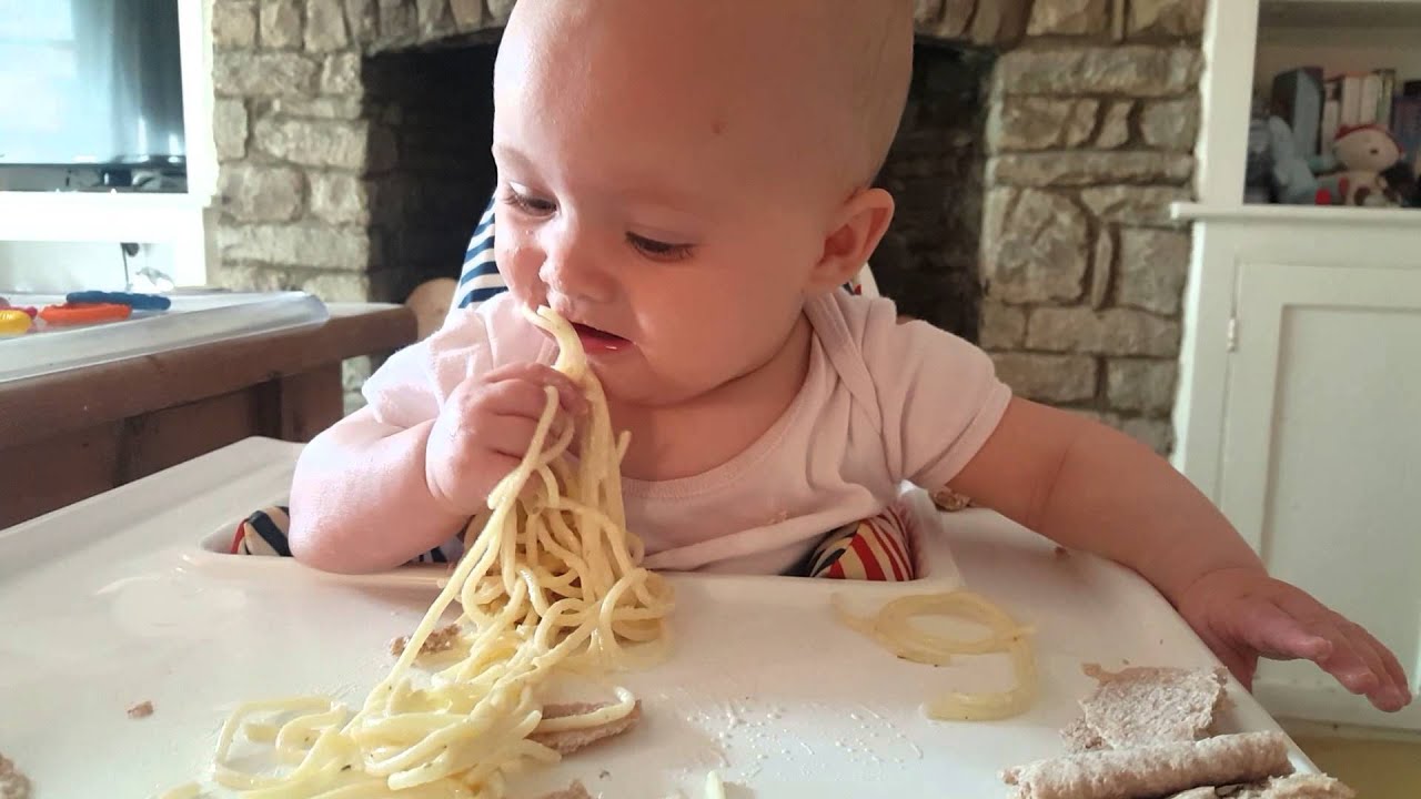 Baby led weaning at 27 weeks Spaghetti Carbonara YouTube