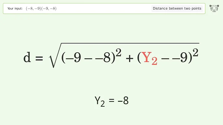 Find the distance between two points p1 (-8,-9) and p2 (-9,-8): Step-by-Step Video Solution