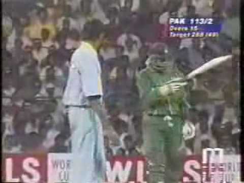 A classic reply from a fast bowler after he has been hit for a boundary. This clip is from the quarter-final match between India and Pakistan in World Cup 1996 in Bangalore