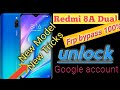 Redmi 8A Dual frp bypass/redmi 8a dual google account unlock  2020