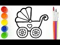 How to draw baby stroller?Drawing, Coloring for kids easy step by step Nursery rhymes for kids