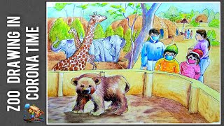 zoo scenery drawing in corona time, draw zoo easy step by step