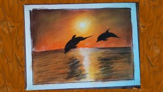 Dolphin sunset scenery drawing with soft pastels | how to draw scenery of dolphin step by step screenshot 4
