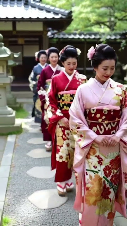 A group of Japanese women in traditional attire posing in a serene outdoor garden #japanphoto #kimon