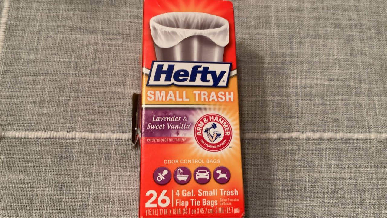 Hefty Small Garbage Bags, Flap Tie, Lavender & Sweet Vanilla Scent, 4  Gallon, 26 Count