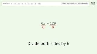 Solve 1.5x+1.5x-4.5+1.5+3x-9=117: Linear Equation Video Solution | Tiger Algebra