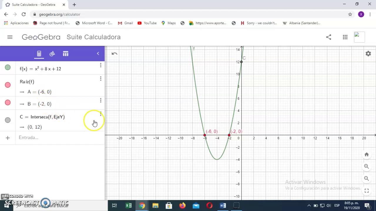 VÉRTICE Y PUNTOS DE CORTE - FUNCIÓN CUADRÁTICA EN GEOGEBRA