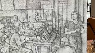 3.5 ft sq drawing on canvas of Noa Bakehouse Cafe, Douglas, Isle of Man.